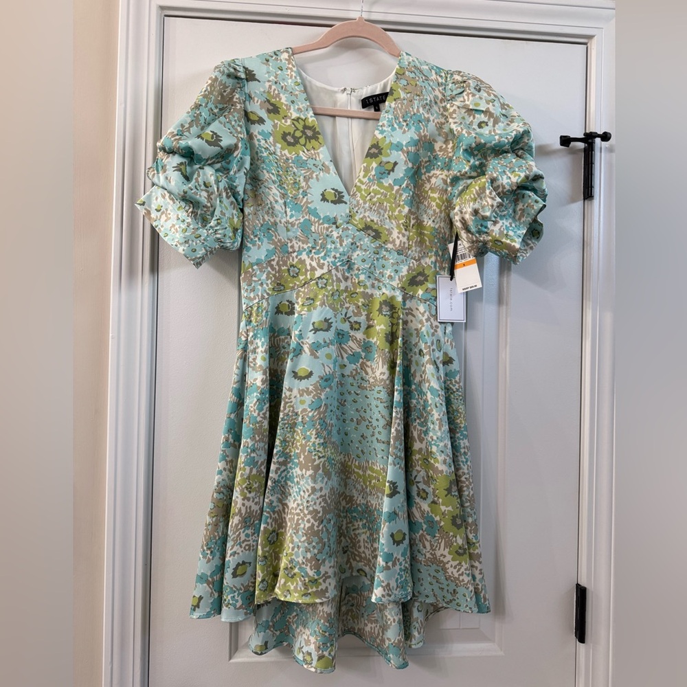 Estate Floral V-Neck Puff Sleeve Dress in Aqua & Olive